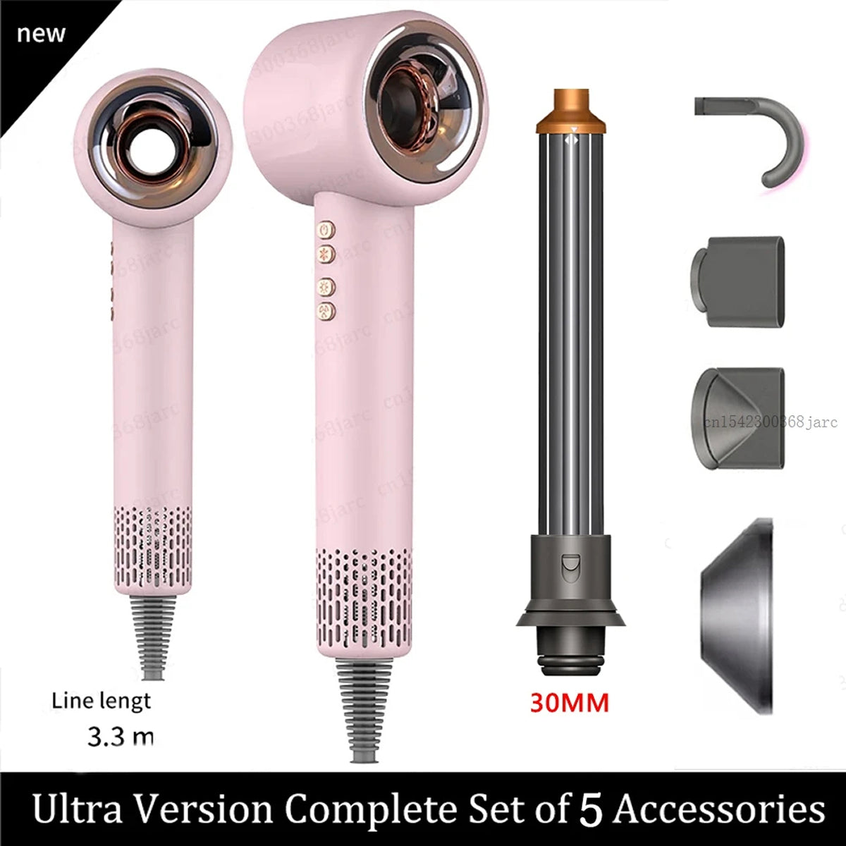 Pink DashieDry Hair Dryer with attachments and accessories on a white background