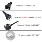 Various power plugs for different voltage ranges on a white background