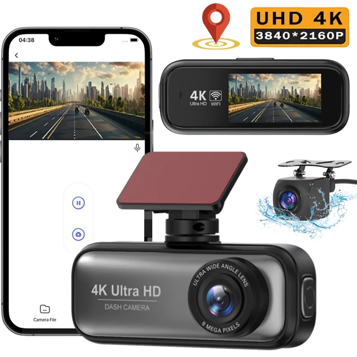 Black DashyLynk 4K Wireless Dashcam with a mounting bracket and solar panel, shown alongside a smartphone app screen, a phone case view, a small drone inset, and a water splash graphic. Text highlights UHD 4K 3840*2160P and 4K Ultra HD.