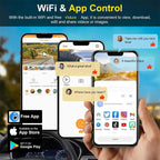Smartphone with app controls and social media icons displayed, held by a hand with blurred background