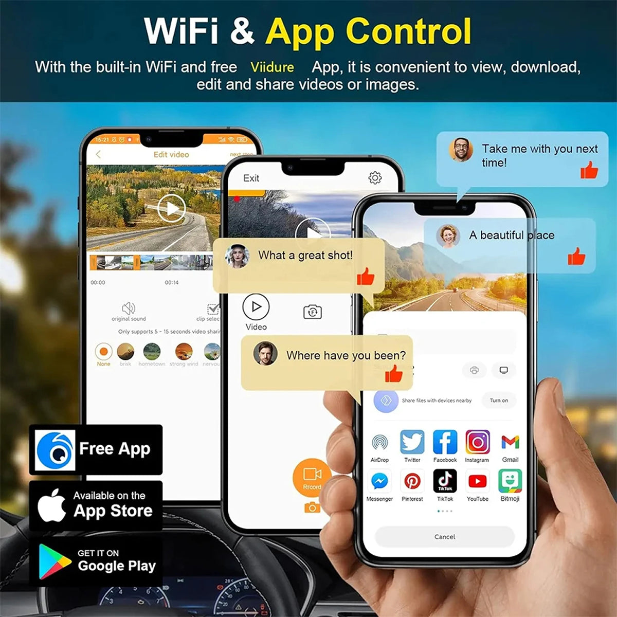 Smartphone with app controls and social media icons displayed, held by a hand with blurred background