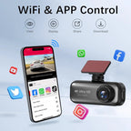 A black 4K DashyLynk 4K Wireless Dashcam with a red mounting plate shown next to a smartphone displaying a live video feed and app controls, with text reading 'WiFi & APP Control' and social media icons on a light blue background.