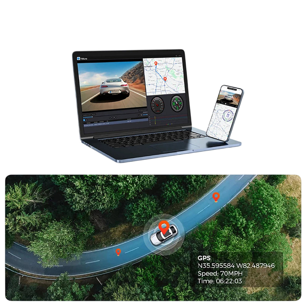 A laptop and smartphone displaying a GPS tracking and video monitoring software interface, with an aerial road-map visualization below showing a car's real-time location and speed on a forest road.