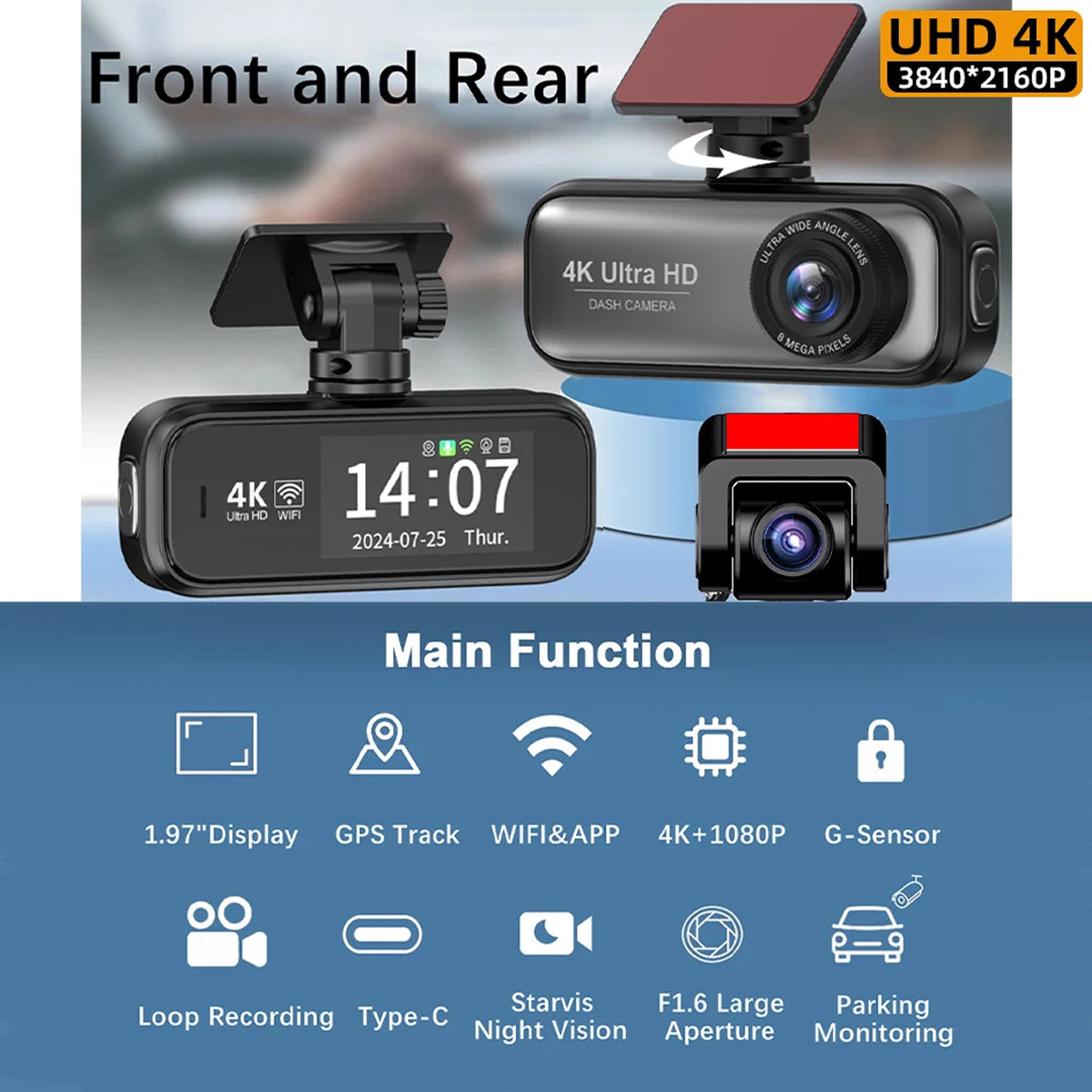 Car DashyLynk 4K Wireless Dashcam camera with multiple cameras and display, featuring 4K Ultra HD resolution.