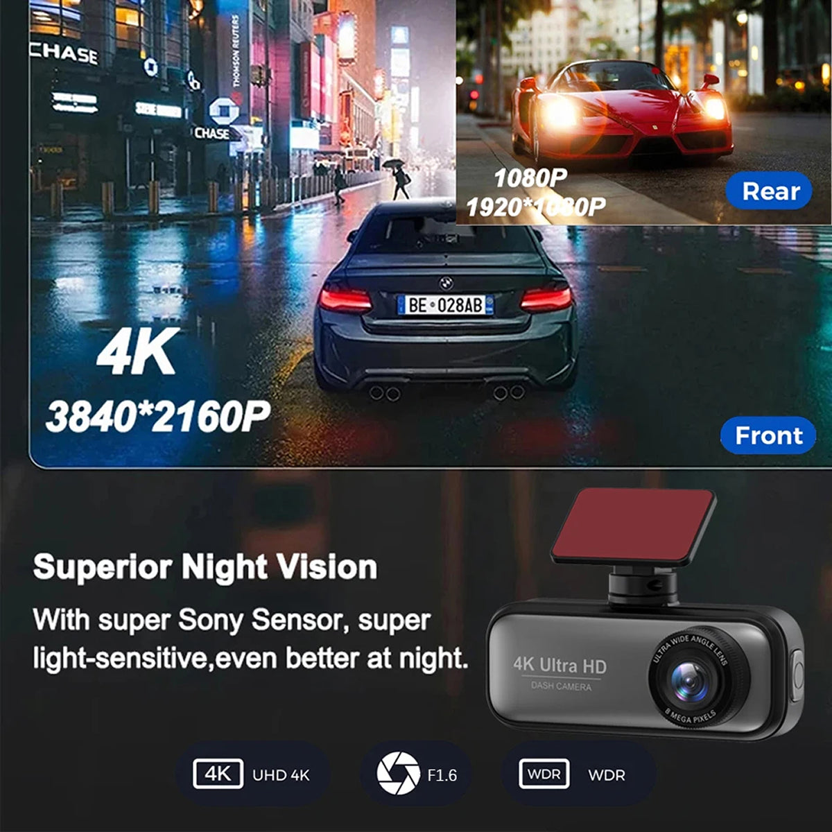 Car DashyLynk 4K Wireless Dashcam with 4K resolution display on a city street at night.