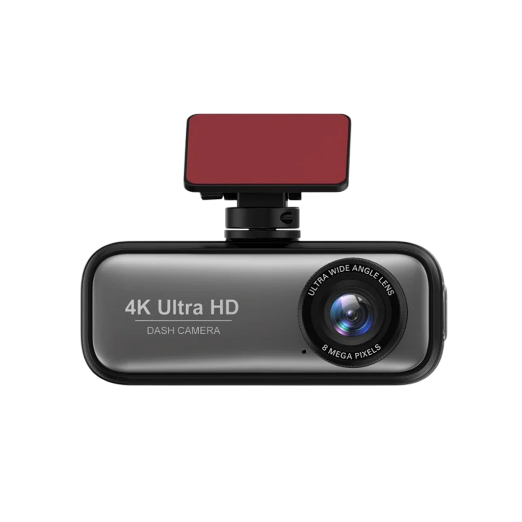 A 4K Ultra HD DashyLynk 4K Wireless Dashcam with a dark gray body, black bezel, and a red rectangular mounting plate on top, shown against a solid white background.
