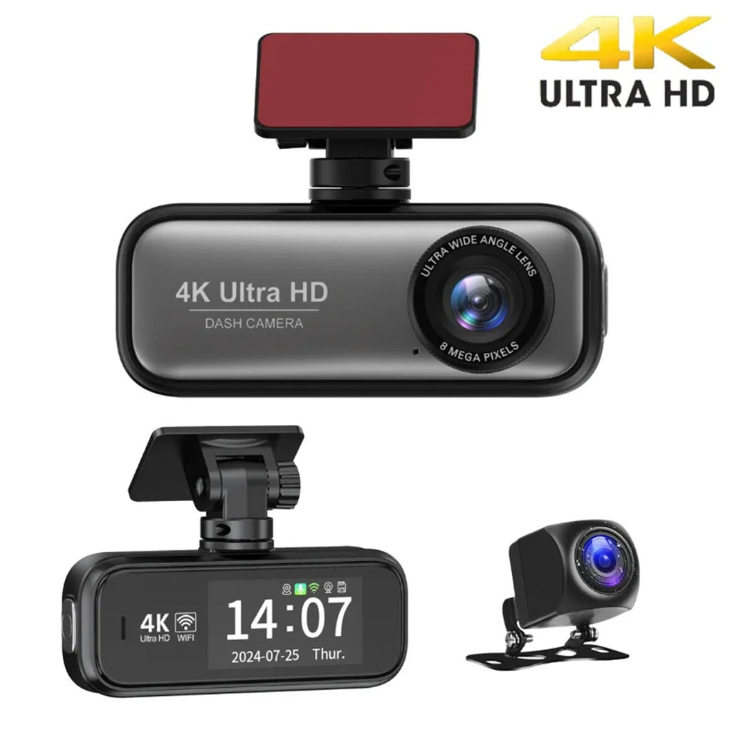 Black 4K Ultra HD DashyLynk 4K Wireless Dashcam shown from multiple angles on a white background, including a red windshield mount, front-facing view with screen on, and rear backup camera.