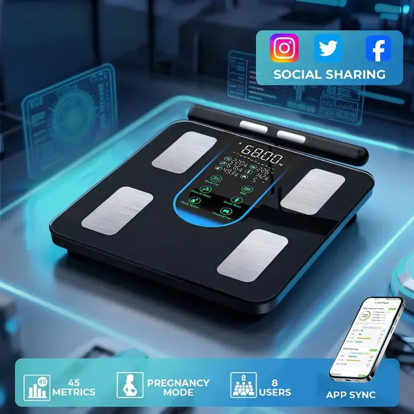 A black digital body fat and Digital body fat scale with four silver metal plates and a central touch display, shown on a glowing blue futuristic surface. The image includes promotional overlays such as social sharing icons and feature badges for 45 metrics, pregnancy mode, 8 users, and app sync, alongside a smartphone app screen.