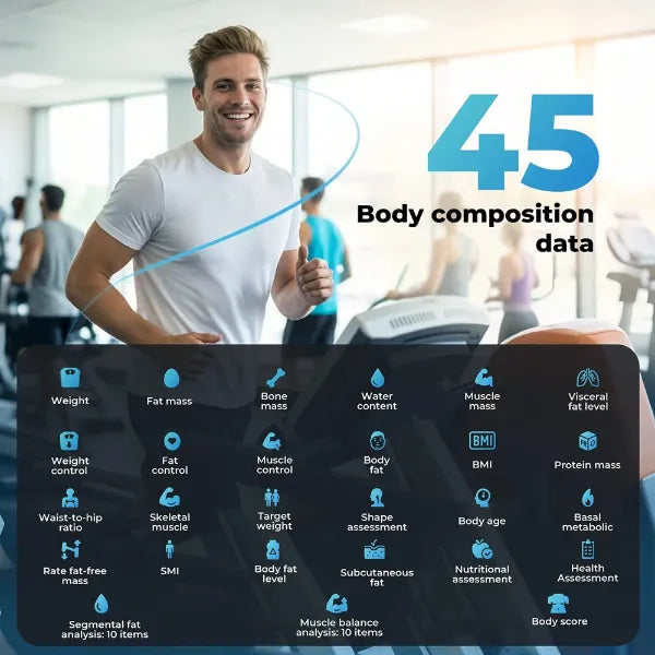 Man in a gym with body composition data overlay
