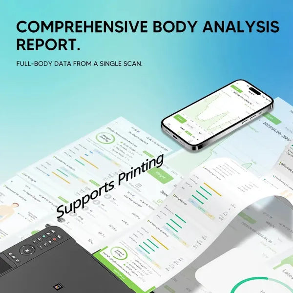 Phone displaying a body analysis app with printed report and scanner on a light blue background