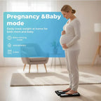 Pregnant woman standing on a Digital body fat scale with text about pregnancy and baby mode.