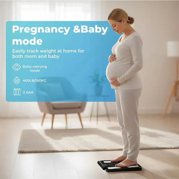 Pregnant woman standing on a Digital body fat scale with text about pregnancy and baby mode.