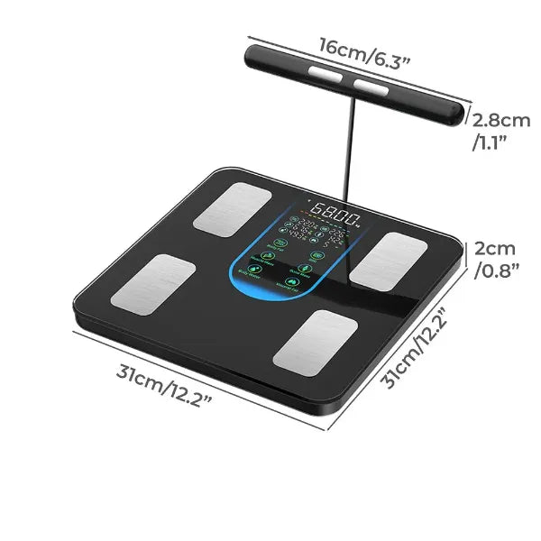 Black Digital body fat scale with dimensions labeled on a white background