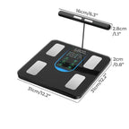 Black Digital body fat scale with dimensions labeled on a white background
