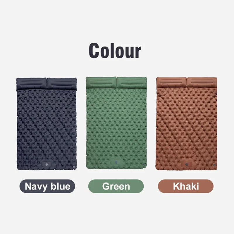 Three color options for a textured DuoRestor Pro Camping Mattress: navy blue, green, and khaki.