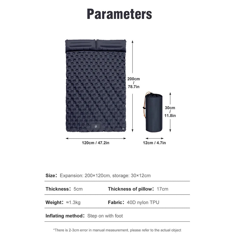 Product parameters diagram for a dark navy DuoRestor Pro Camping Mattress, showing its expanded dimensions of 120cm by 200cm, its packed cylindrical storage size of 12cm by 30cm, and technical specifications including thickness, weight, and inflation method.