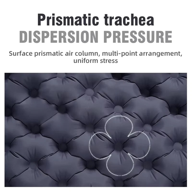 Text reading 'Prismatic trachea DISPERSION PRESSURE' above a close-up of a dark tufted cushion or DuoRestor Pro Camping Mattress surface with a white outlined four-petal shape highlighting the texture and pressure distribution.
