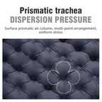 Text reading 'Prismatic trachea DISPERSION PRESSURE' above a close-up of a dark tufted cushion or DuoRestor Pro Camping Mattress surface with a white outlined four-petal shape highlighting the texture and pressure distribution.