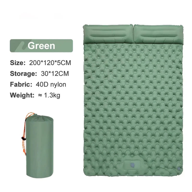 Green DuoRestor Pro Camping Mattress with packaging on a white background