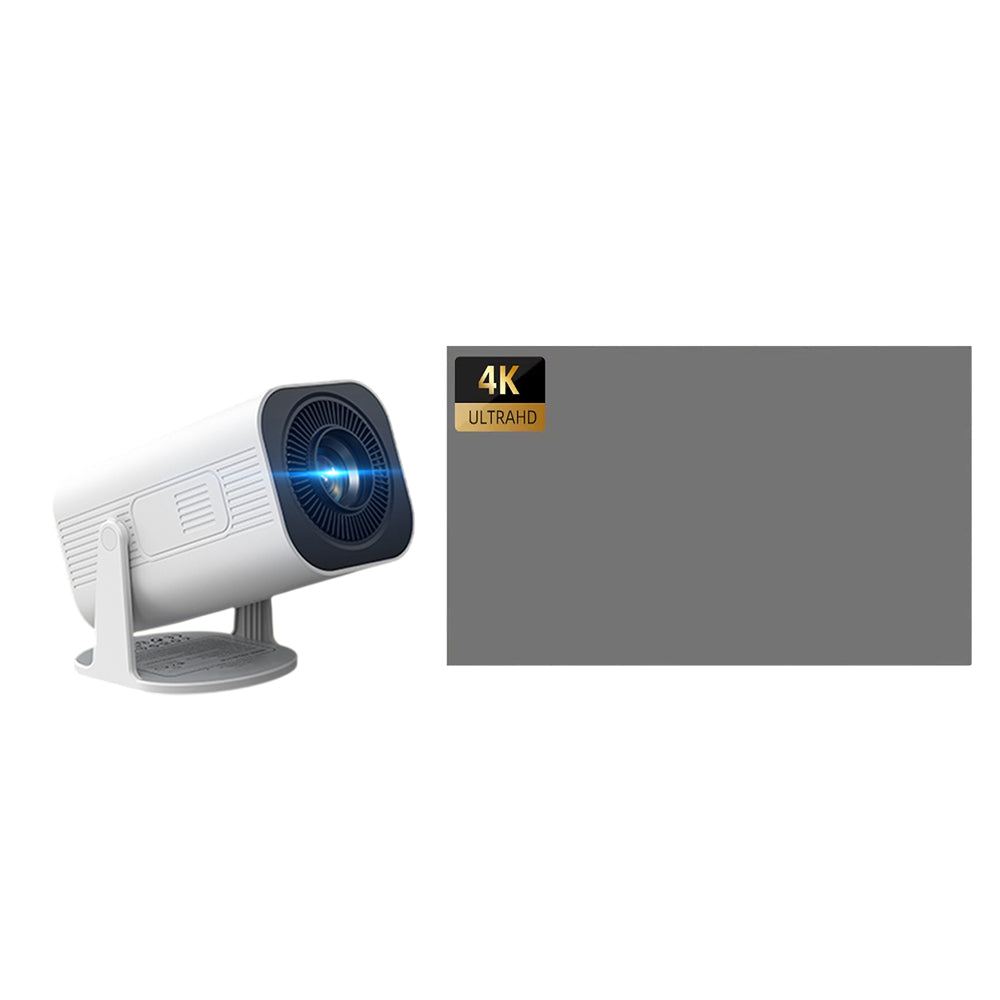 A white and black DuskiCast Smart Projector shown next to a gray screen mockup with a '4K ULTRA HD' badge, on a plain white background.