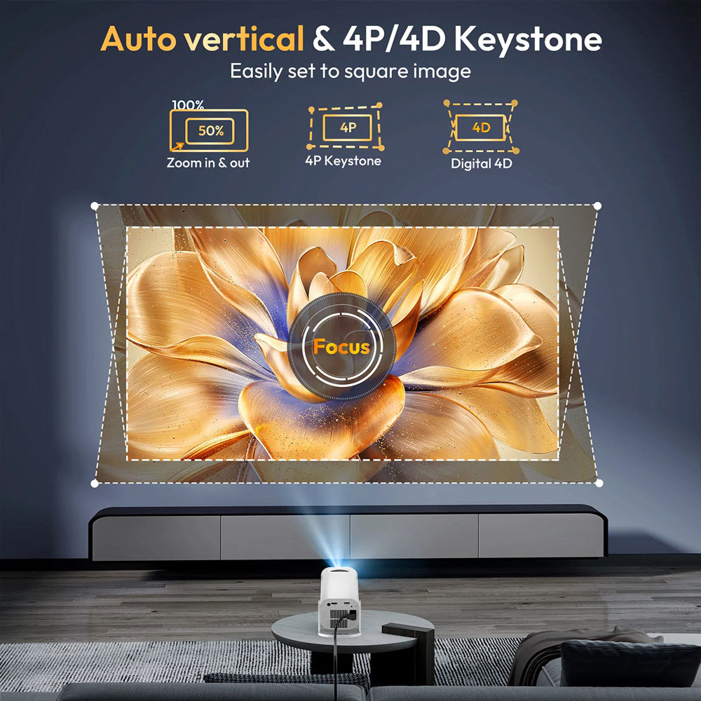 DuskiCast Smart Projector displaying a flower image with Keystone correction features on a screen.