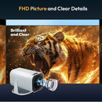A small white DuskiCast Smart Projector  shown in front of a large projected scene of a roaring tiger with fiery orange and gold tones. Text at the top reads 'FHD Picture and Clear Details' and the projected screen says 'Brilliant and Clear.