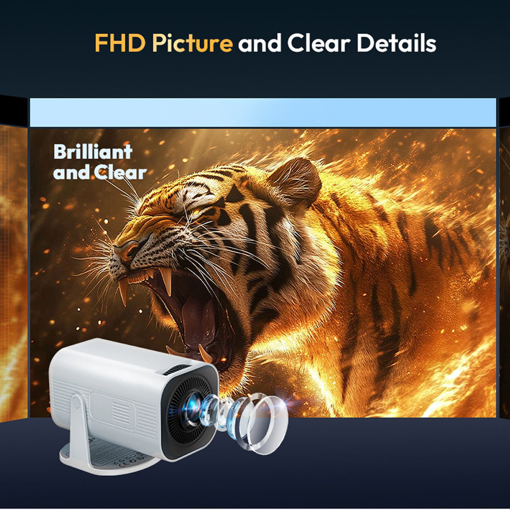 A small white DuskiCast Smart Projector  shown in front of a large projected scene of a roaring tiger with fiery orange and gold tones. Text at the top reads 'FHD Picture and Clear Details' and the projected screen says 'Brilliant and Clear.