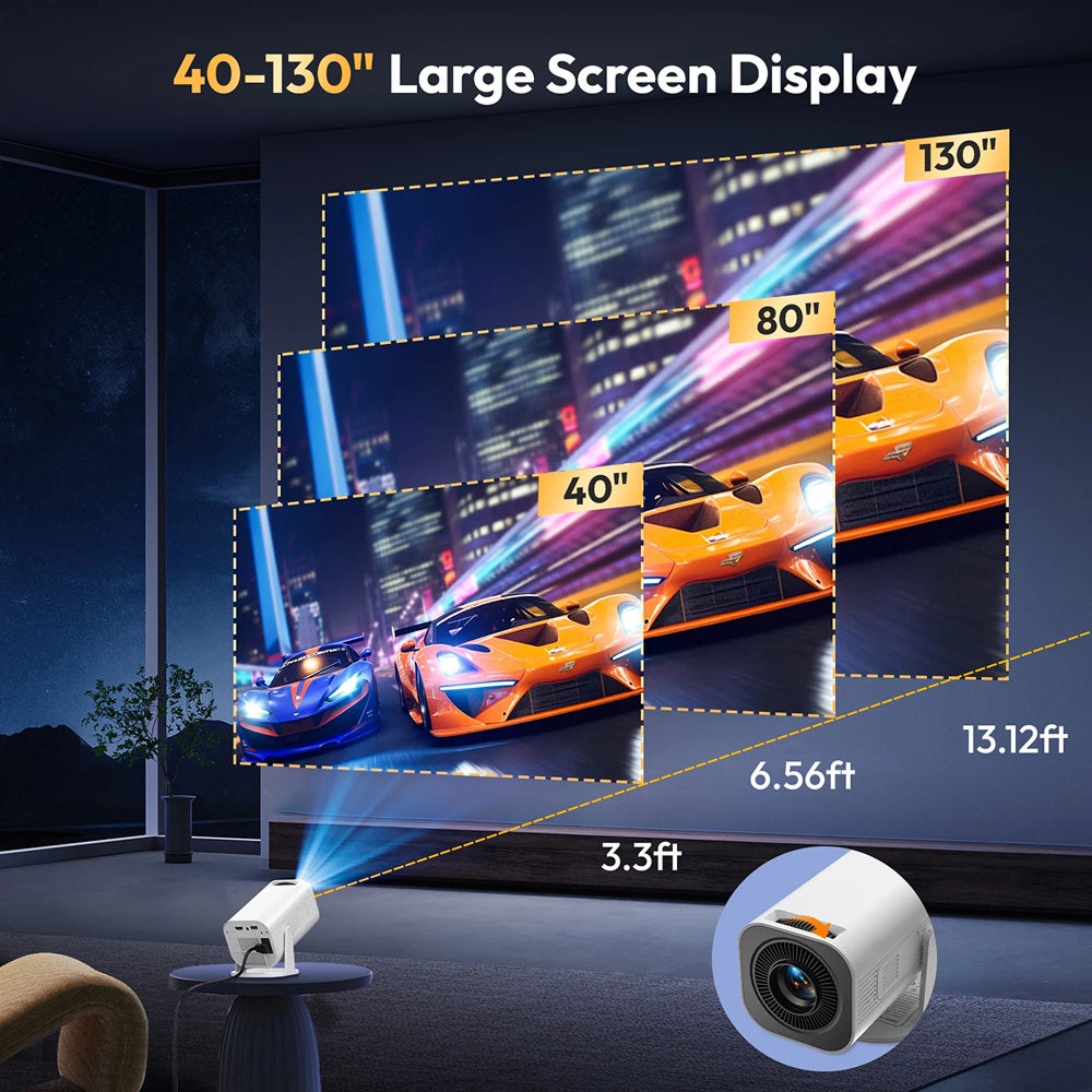 DuskiCast Smart Projector displaying a car on a large screen with specifications shown.