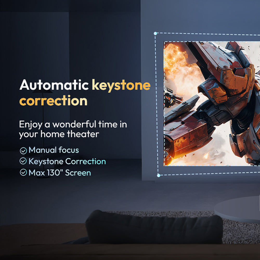 A home theater interior scene showing a large projection screen displaying a sci-fi mecha battle scene. Text on the left reads 'Automatic keystone correction' with bullet points about manual focus, keystone correction, and a 130-inch screen.