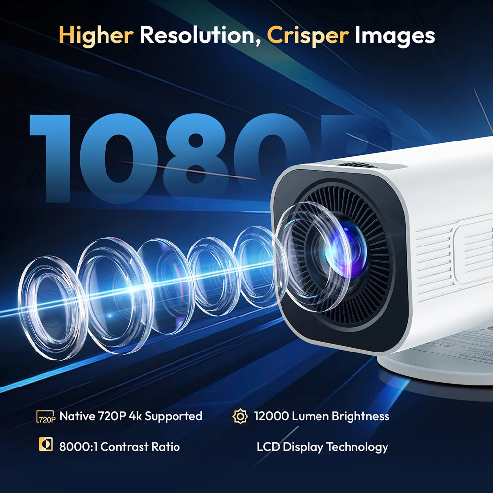 A white and black DuskiCast Smart Projector shown on a dark blue promotional background with text highlighting higher resolution, crisp images, 1080p support, 12000 lumen brightness, 8000:1 contrast ratio, and LCD display technology.