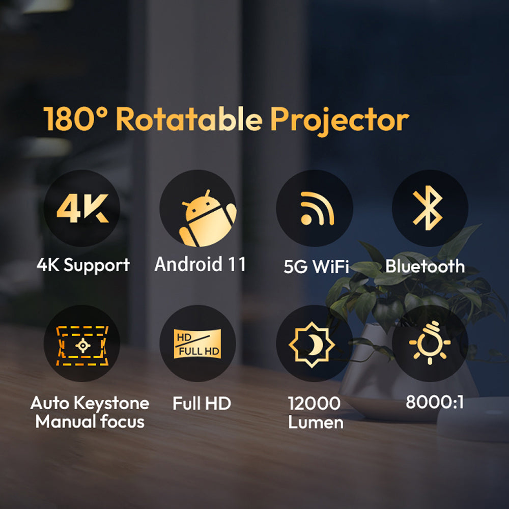 Promotional graphic for a 180° rotatable DuskiCast Smart Projector, showing feature callouts including 4K support, Android 11, 5G WiFi, Bluetooth, auto keystone, full HD, 12000 lumen, and 8000:1 contrast on a dark blurred background with a plant and tabletop.