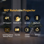 Promotional graphic for a 180° rotatable DuskiCast Smart Projector, showing feature callouts including 4K support, Android 11, 5G WiFi, Bluetooth, auto keystone, full HD, 12000 lumen, and 8000:1 contrast on a dark blurred background with a plant and tabletop.