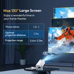 A portable white DuskiCast Smart Projector  shown projecting a snowy outdoor scene onto a large wall screen in a modern room. Text on the left highlights a 130-inch screen size and projection specs, with inset screenshots of the projected image.