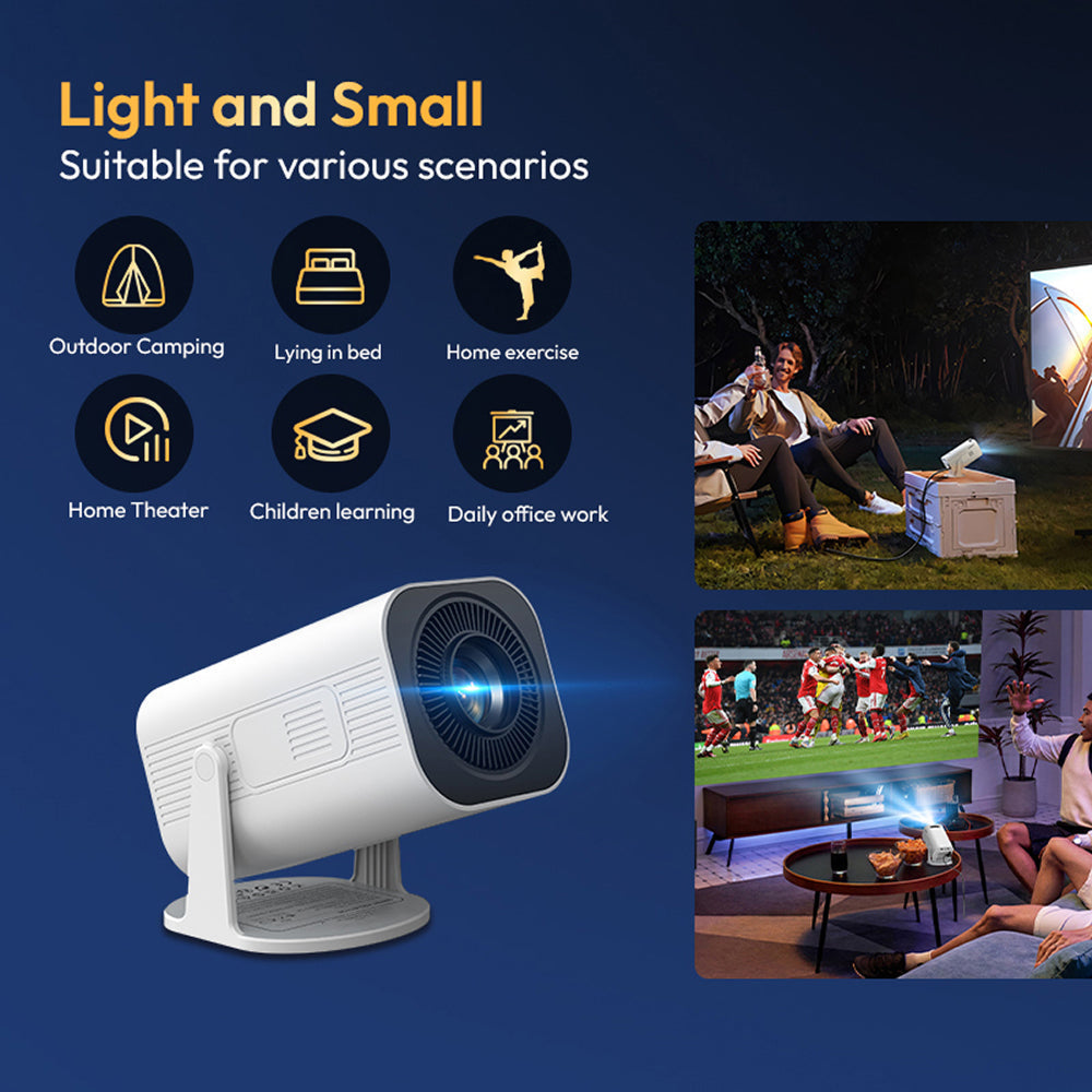 A portable white and black DuskiCast Smart Projector shown on a dark blue promotional background with marketing text, usage icons, and two lifestyle scenes demonstrating outdoor and indoor movie screenings.