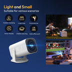 A portable white and black DuskiCast Smart Projector shown on a dark blue promotional background with marketing text, usage icons, and two lifestyle scenes demonstrating outdoor and indoor movie screenings.