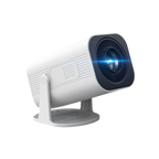 A compact white and black DuskiCast Smart Projector on a stand, shown with a blue light beam effect projecting from the lens, isolated on a white background.
