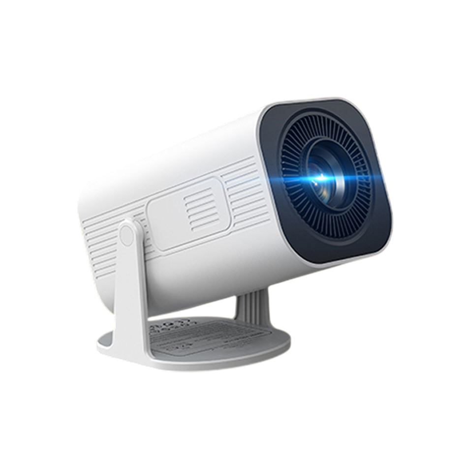 A compact white and black DuskiCast Smart Projector on a stand, shown with a blue light beam effect projecting from the lens, isolated on a white background.