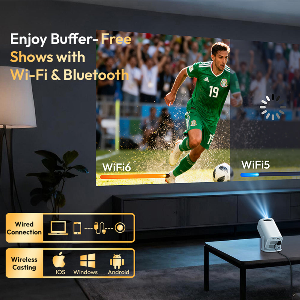 A wall-mounted DuskiCast Smart Projector  in a living room casting a soccer game onto the wall. The image includes promotional text reading 'Enjoy Buffer-Free Shows with Wi-Fi & Bluetooth' and icons for wired connection and wireless casting on iOS, Windows, and Android.