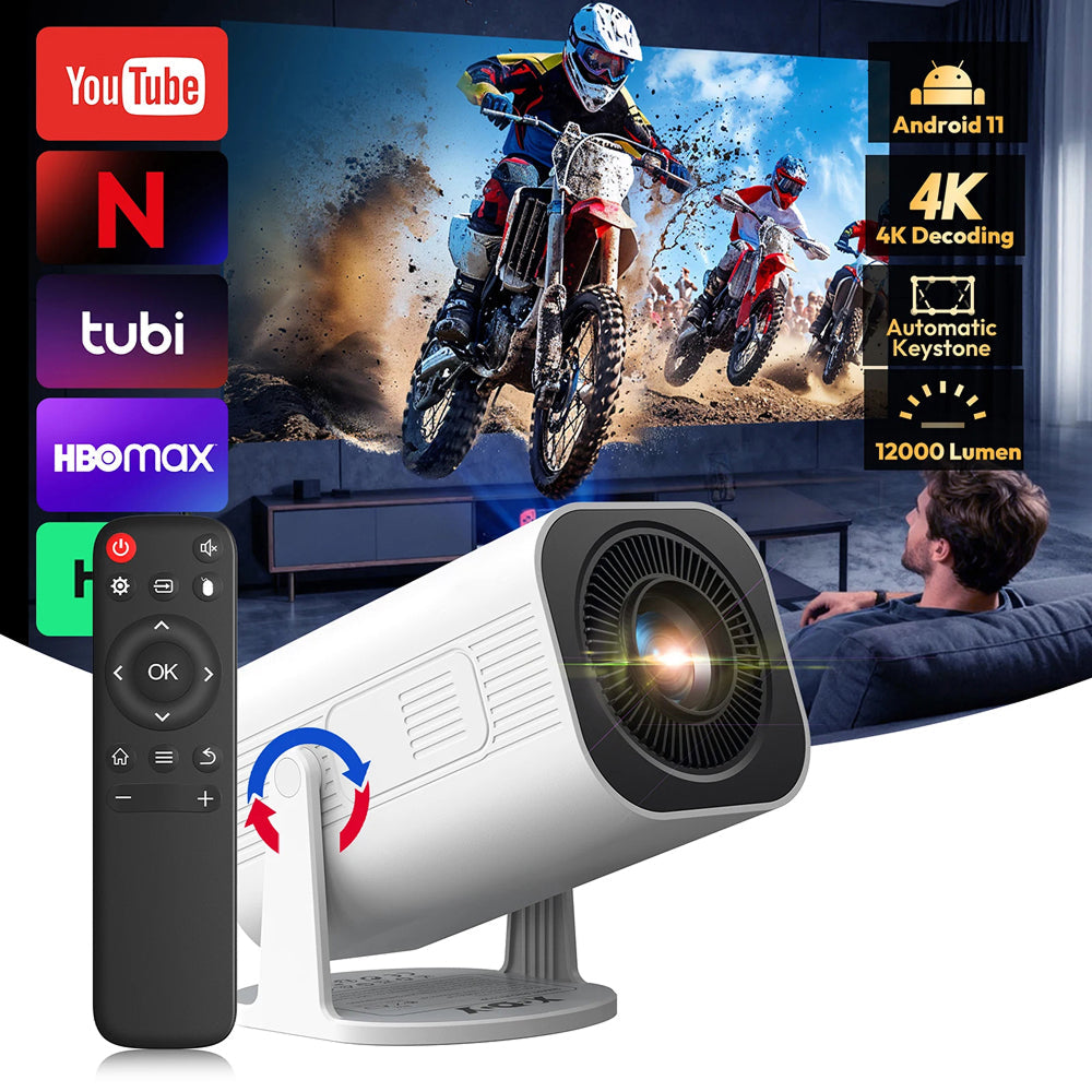 Home entertainment system with a DuskiCast Smart Projector, TV displaying a motocross video, and remote control.