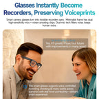 Two people wearing EdsaRolt Smart Glasses with text about voiceprint recording technology.