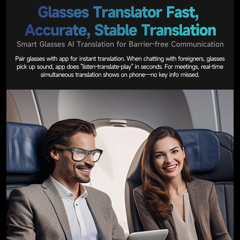 Two people sitting in an airplane with EdsaRolt Smart Glasses and a tablet, promoting instant translation technology.