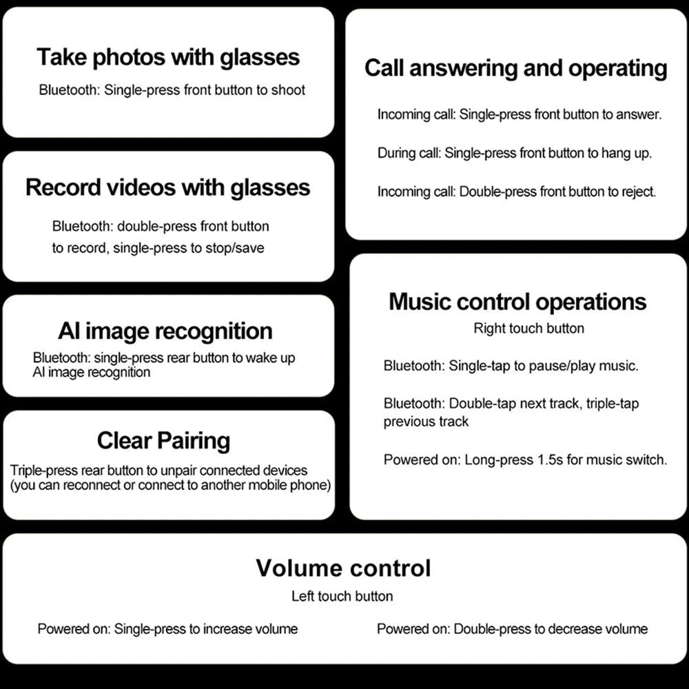 User manual or guide for a device with various functions listed on a white background