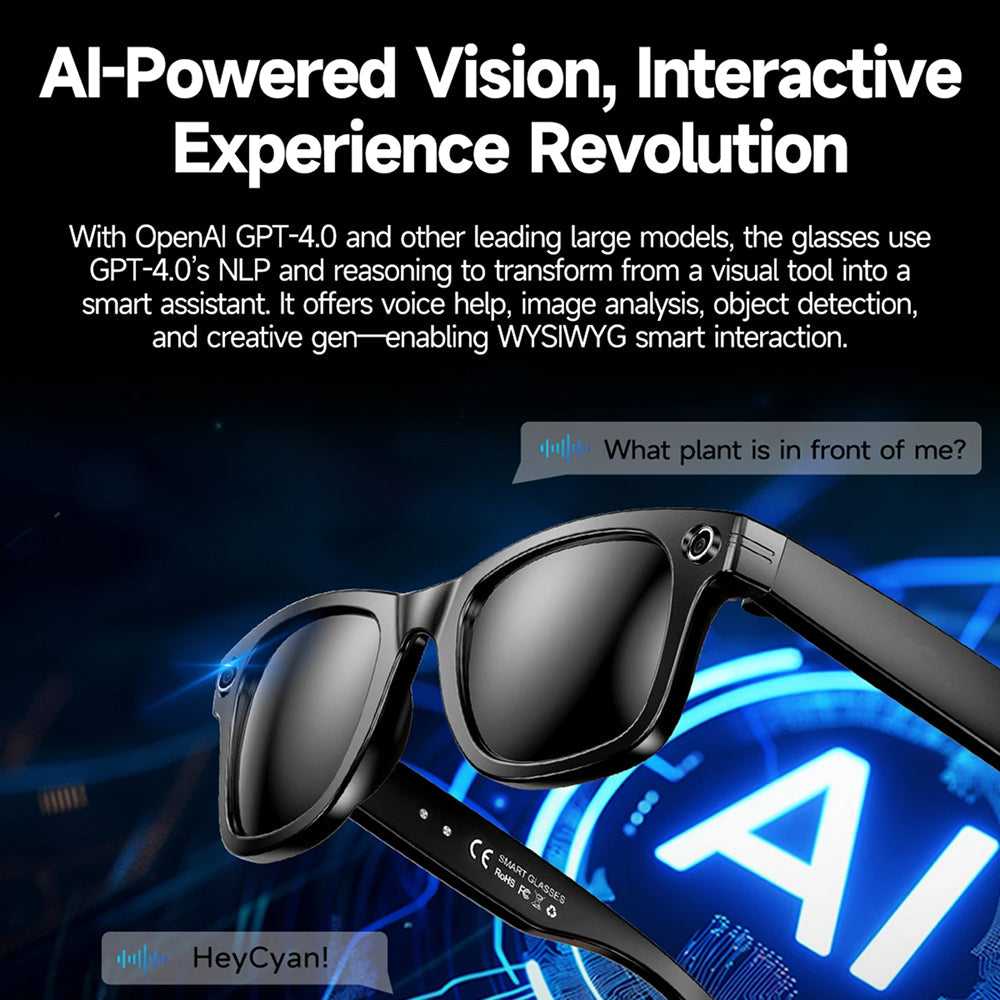EdsaRolt Smart Glasses with AI integration on a dark background with text about AI-powered vision and interactive experience.