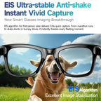 EdsaRolt Smart Glasses with a dog wearing them, set against a scenic background with 'EIS Ultra-stable Anti-shake' text.