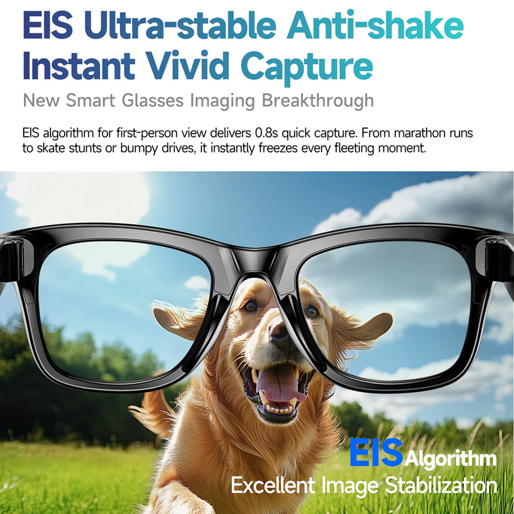 EdsaRolt Smart Glasses with a dog wearing them, set against a scenic background with 'EIS Ultra-stable Anti-shake' text.