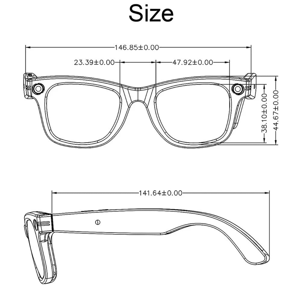 Technical drawing of a pair of EdsaRolt Smart Glasses with dimensions labeled