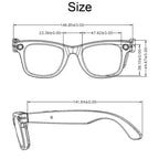 Technical drawing of a pair of EdsaRolt Smart Glasses with dimensions labeled