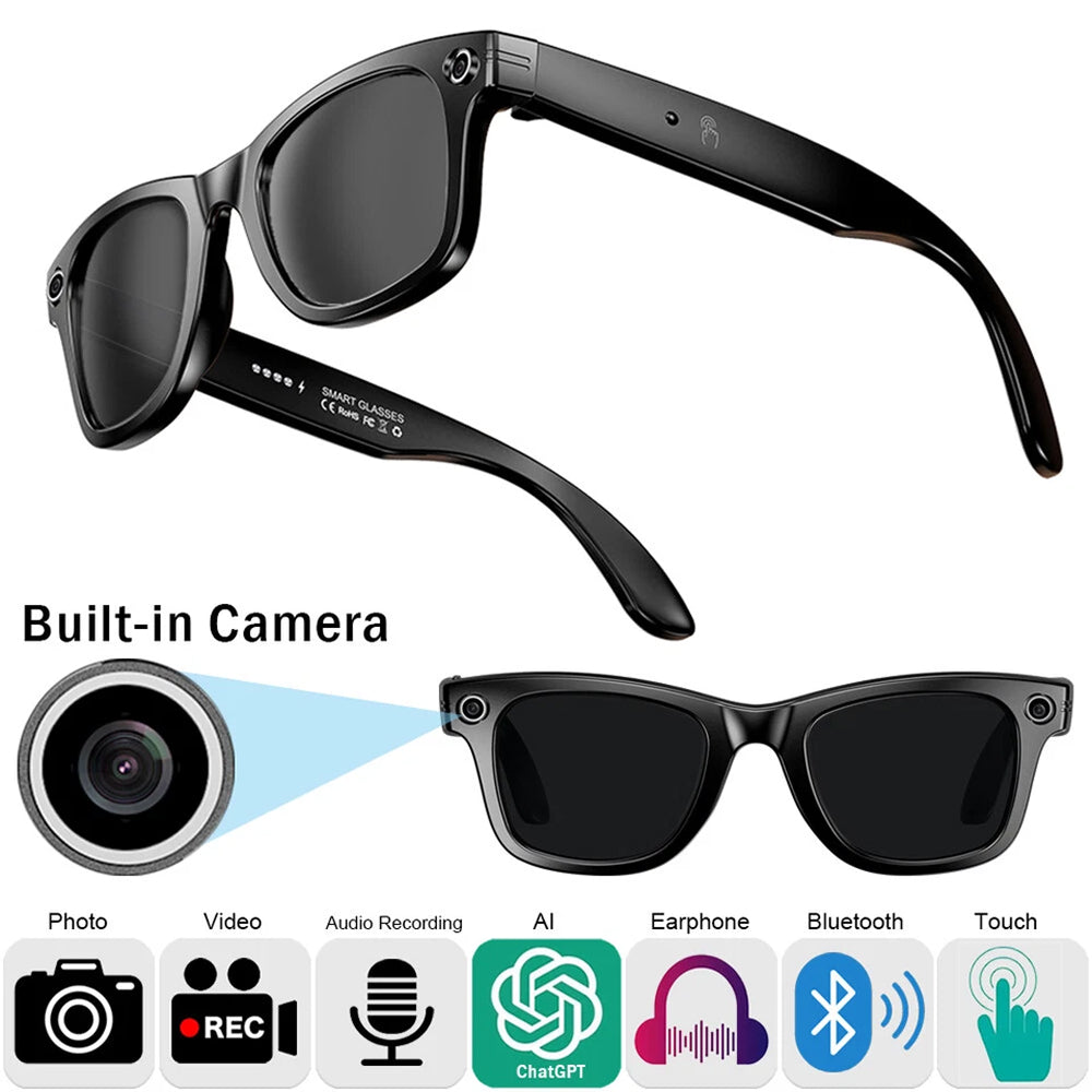 Black EdsaRolt Smart Glasses with built-in camera features on a white background