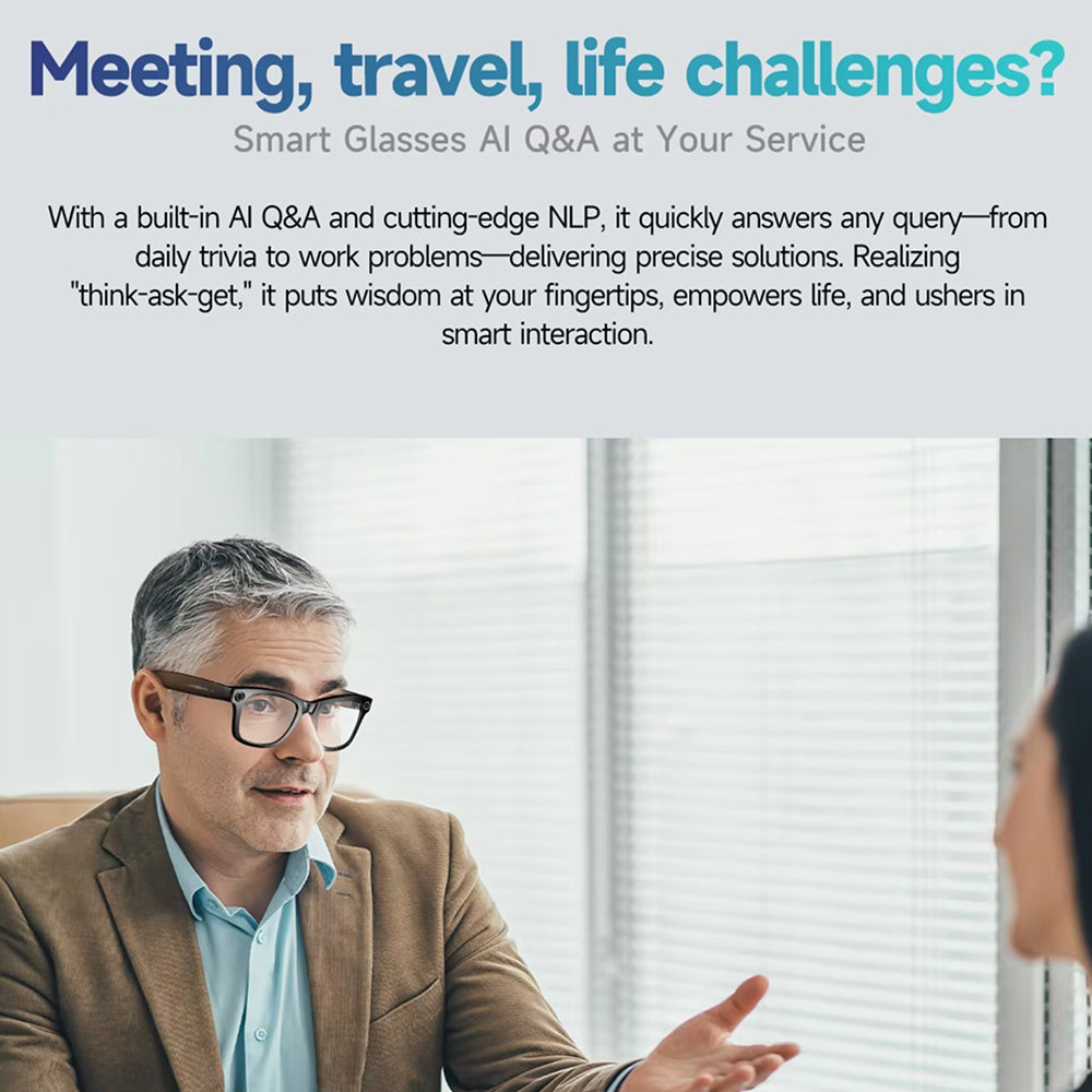 Man EdsaRolt Smart Glasses with text about AI Q&A and NLP capabilities.
