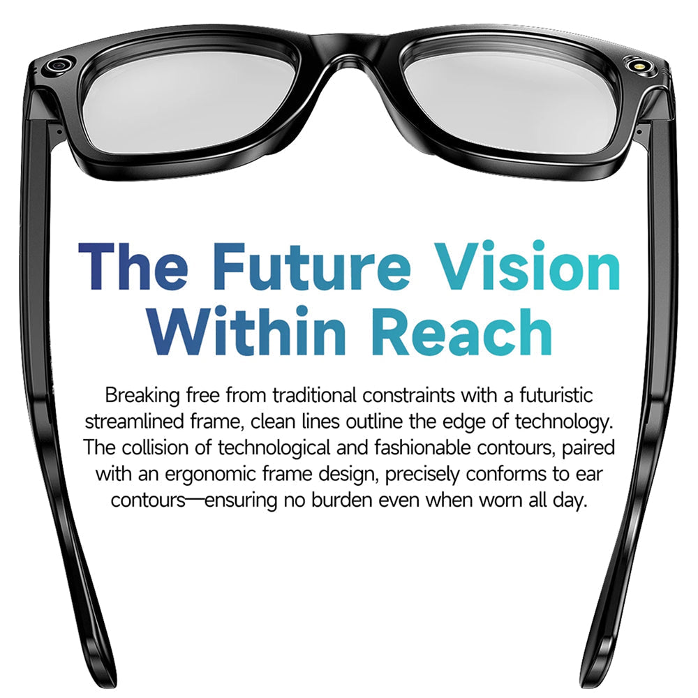 Black EdsaRolt Smart Glasses with text about futuristic design on a white background